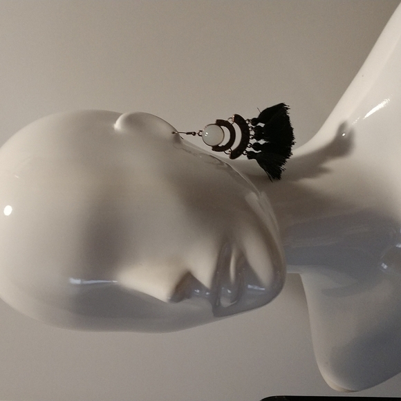 Moonstone Black Tassel 3.5" Fishhook Earring Boho Aztec Bold Lightweight - Picture 4 of 7